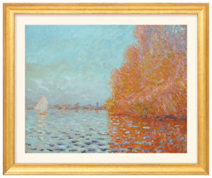 Claude Monet: Bild „Die Bucht von Argenteuil mit einem Segelboot“ (1874), Version goldfarben gerahmt